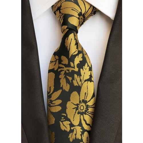 Unique Pattern 8cm Men Woven Ties Black with Yellow Designer Floral Necktie for Wedding