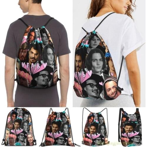 Unisex Drawstring Bags Johnny Depp Collage Women Drawstring Backpacks Men Outdoor Travel Backpacks Training Fitness Bag