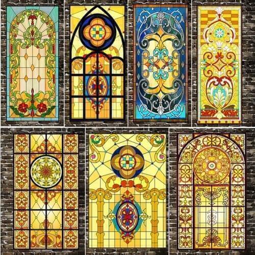Retro European Church Painted Electro Static Frosted Stained Glass Window Film PVC Self-adhesive Home Foil Stickers