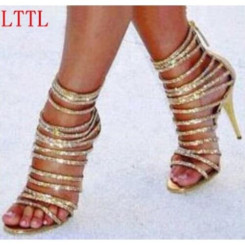 2017 New Fashion Gold Gladiator High Heel Sandals Cutout Sexy Crystal Ankle Strap Party Shoes Woman in Zipper