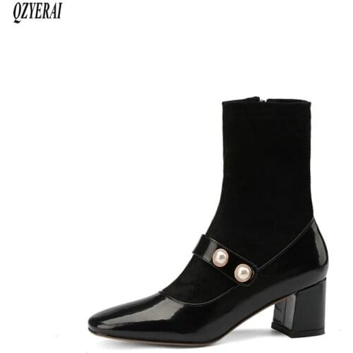 Women boots Ankle boots Genuine leather Chelsea boots pearl Fashion boots 2020 new autumn winter cowhide Womens shoes