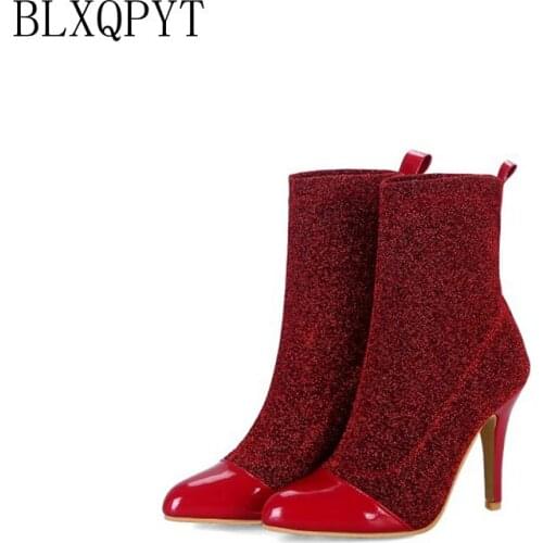 BLXQPYT Big size 34-48 short Boots women Ankle Boots Sexy tenis feminino high Heels Lace Pointed toe Wedding Shoes woman k033
