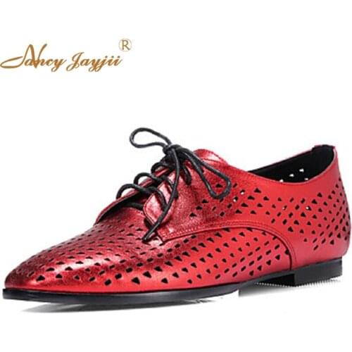 Womens Oxford Shoes Leather Flat Heel Pointed Toe Flats Dress/Casual Red/Silver,Women Summer Shoes Plus Us Size 17 Nancyjayjii