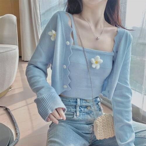 2021 Korean Chic Feminine Spring Summer Women 2 Pcs Cardigan Susenders Knitted Crop Top+Thin Knitted Flower Short Blue Cardigan