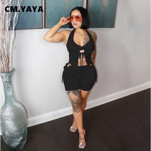 CM.YAYA Women Set Solid Sleeveless V-neck Halter Crop Tops Bandage Shorts Two 2 Piece Sets Active Tracksuit Summer Outfits 2021