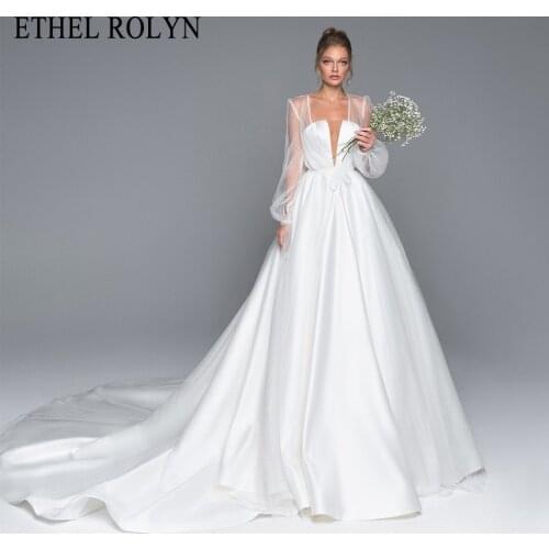 ETHEL ROLYN A-Line Wedding Dress 2021 Elegant Strapless Satin Bridal Backless Polka Dot Long Sleeve Vintage Bride Gown