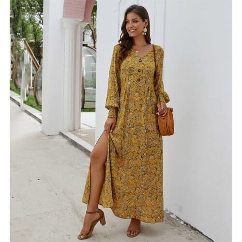 Fad Women Spring Dress V-neck Long Sleeve Elegant Long Dresses Side Split Printing Bohemian Female Ladies Vestidos
