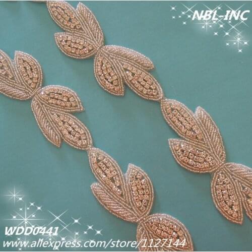 10 YARDS )Wholesale beaded bridal rhinestone iron on bow trim applique for wedding dress sash IRON ON WDD0441