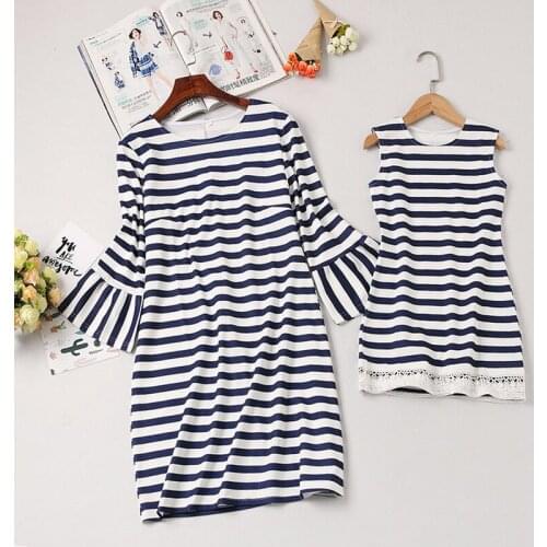 2021 New Striped Mother-Daughter Parent-Child Dress Family Matching Outfits Mom Kids Clothing Sets 2-6Y Little Girls Lace Skirt