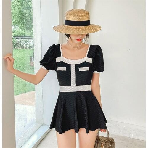 Short Sleeve One Piece Swimsuit With Skirt Women Solid Black Swimwear Tummy Control Monokini Korea Ruffle Bathing Suit Pad Push