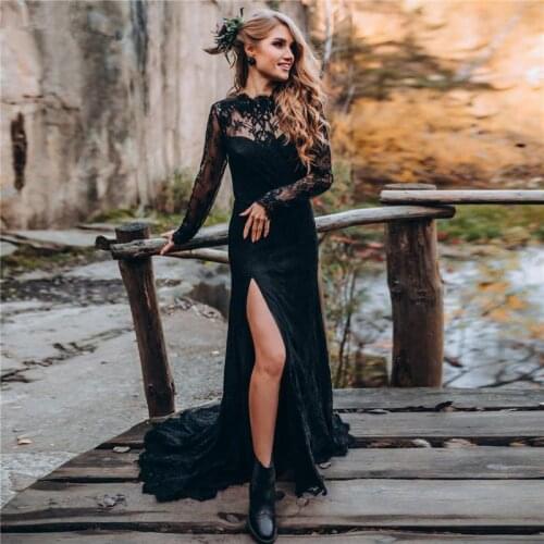 Black Lace Prom Dresses Long Sleeve 2021 robe de soiree Backless Mermaid Evening Gowns Custom Sheer Formal Women Party Dress