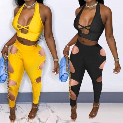 DSMTRC Streetwear 2 Piece Women Outfits Tracksuit Cross Sexy Halter Crop Top Hole Legging Pants Female Workout Matching Sets