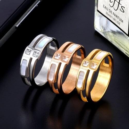 Fashion Double Layer Ceramic Women Rings For Women Vintage Stainless Steel Square Crystal Stone Rings Never Fade Jewelry Gift