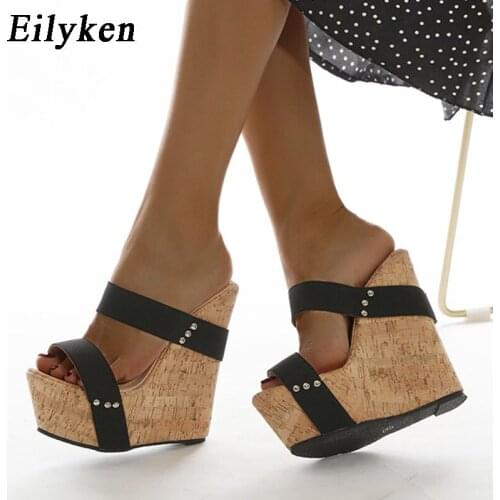 Eilyken Newest Fashion Rivet Design Peep Toe Platform Wedge Slippers Black Summer Shoes Woman Sexy Super High Female Slides