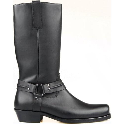 FootCourt- Black Genuine Leather Best Western Boots Biker Long Boots Side Zipper Half Cuban Heel Buckle Breathable Retro Fashion