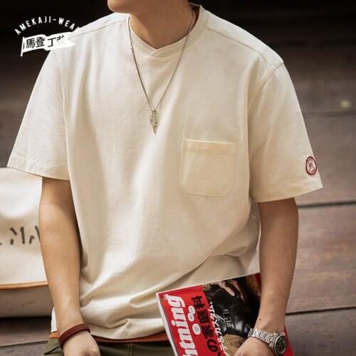 Solid T-shirts Men Vintage Round Neck Tee Short Sleeve Casual White Beige Loose Contrast T-shirt Pocket Man