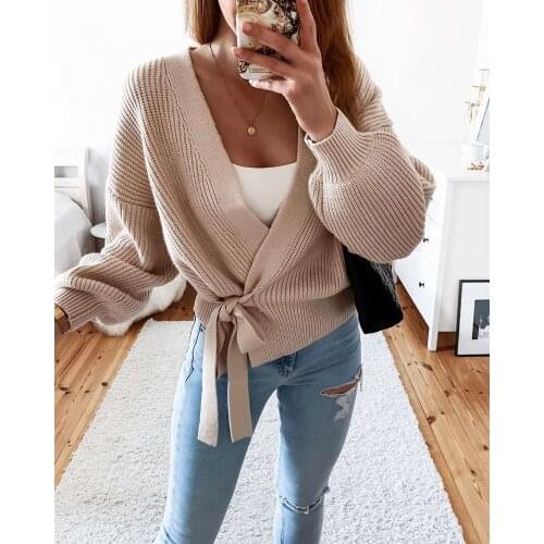 Imcute Autumn Womens Cardigan Sweater Solid Color V-Neck Lace Up Bow Jumpers Lattern Sleeve Loose Cardigan Female Knitted Coat