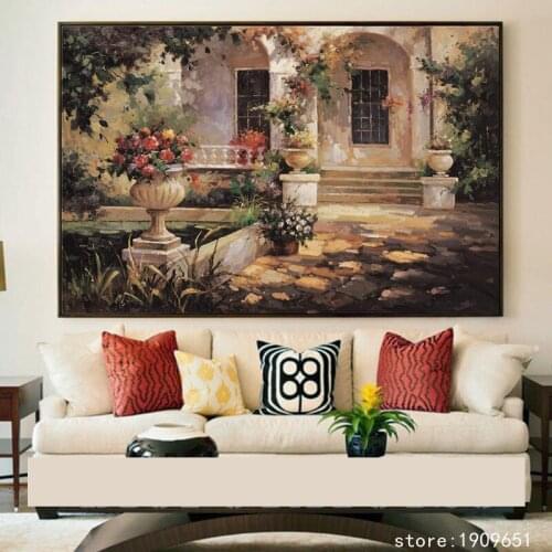 Cotton no frame Mediterranean sea stone house flower scenery canvas printings oil painting printed on cotton decoration picture