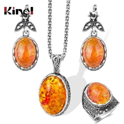 Kinel Hot Oval Simulated Ambers Earrings Ring Jewelry Sets Vintage Look Tibetan Silver Crystal Flower Necklace Women Jewelry
