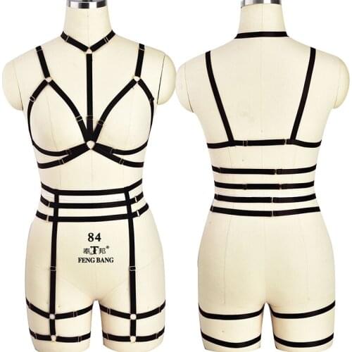 Fetish Body Harness Bra Set Goth underwear Bondage Harness Lingerie Black Elastic garter belt Halloween Fashion Full dance wear