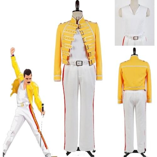 Queen Lead Vocals Freddie Mercury Cosplay Costume Adult Men Women Yellow Uniform Costume Full set Halloween Carnival Custom Made