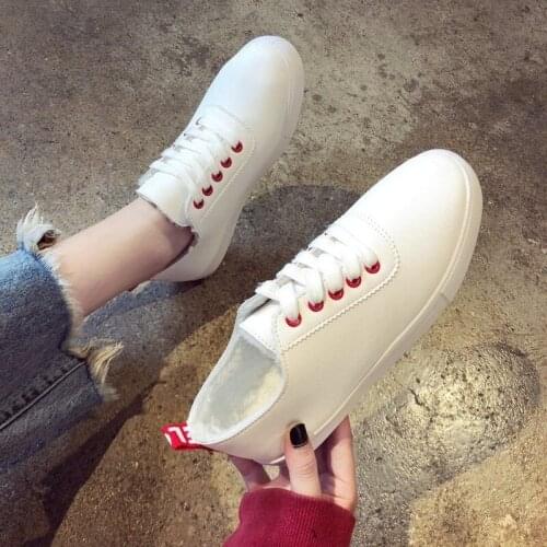 2019 New Warm Plush Winter Shoes New Flat Casual Shoes Fashion Lace Up Women Shoes Woman Flats Solid Leather Vulcanized Shoes