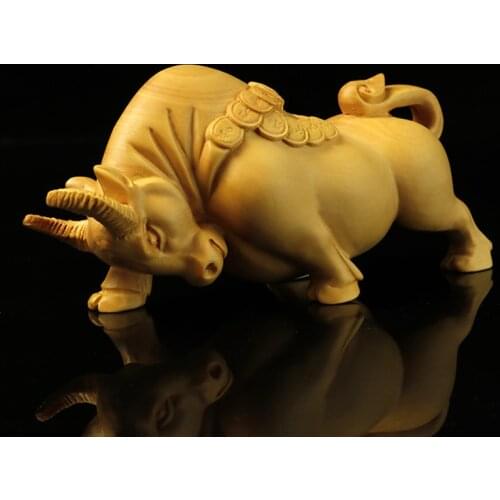 Boxwood 12CM Bull Sculpture Wood Chinese Zodiac Lucky Ox Animal Statue Home Decor