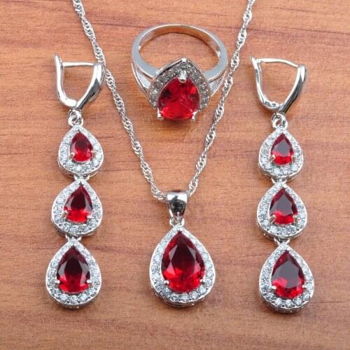 Silver Color Bridal Jewelry Sets For Women Red Cubic Zirconia Earrings Necklace Pendant Rings Set JS0184