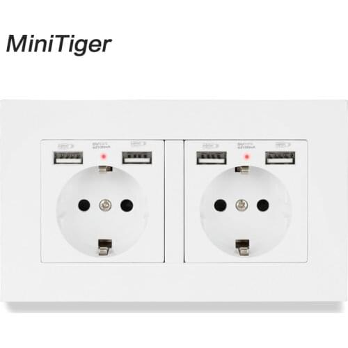 Minitiger 2 Gang Russia Spain EU Standard Wall Socket With 4 USB Charge Port Hidden Soft LED Indicator PC Panel Black White