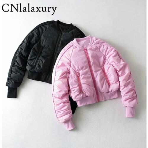 CNlalaxury 2021 Women Bomber Coat Pink Cropped Zipper Pockets Autumn Warm Coat Fashion Parkas Baseball Jacket Femme Chaqueta top