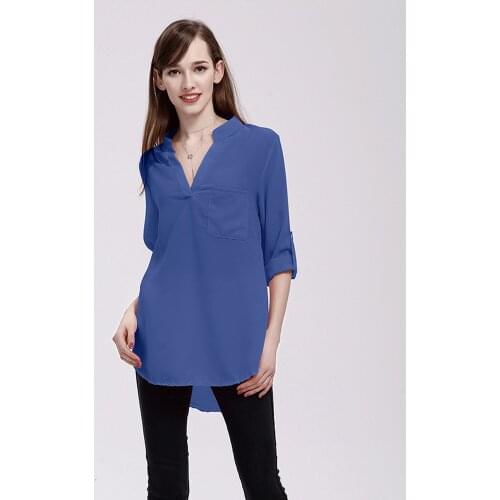 England Style Chiffon Blouse Summer Autumn Women Blusa Thin Solid Color Long Sleeve V-neck Pocket Tops Plus Size 5XL Moda Mujer