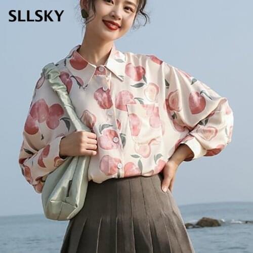 SLLSKY Vintage Peach Printted Women Blouse Summer Single Breasted Turn-Down Collar Loose Shirts Thin Long Sleeve Chiffon Shirt