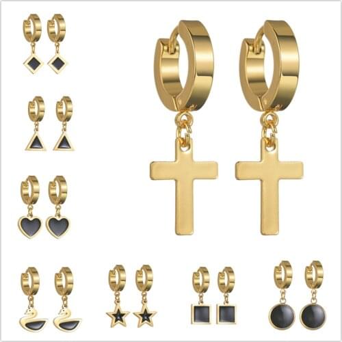 1 Pair Punk Gold Multiple Stainless Stud Earrings Men Women Gothic Heart Swan Cross Ear Studs Street Pop Hip Hop Male Jewelry