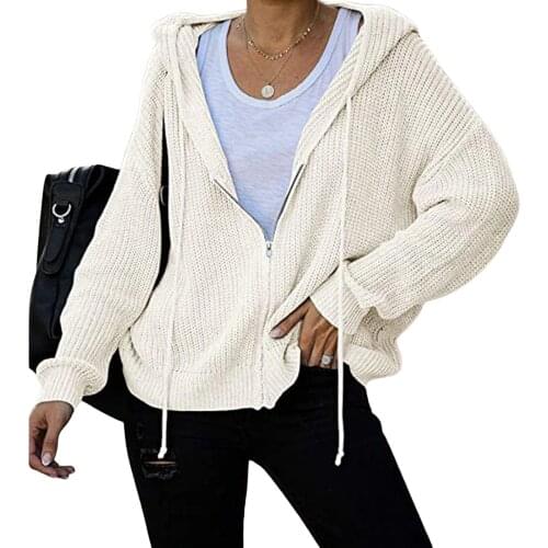 2021 Women Fall Fashion Loose knitted Hooded Sweater Adults Solid Color Long Sleeve Zipper Cardigan with Drawstring