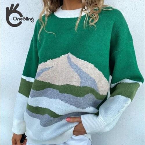 OneBling Za Woman 2021 Traf Knitted Color Block Loose Sweaters Long Sleeve Sweater Autumn Winter Fashion All-Match Manga Larga