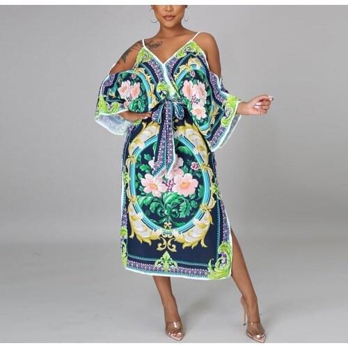Summer New Dress Female French American Version 2021 Hot V Neck Cold Shoulder Loose Fashion Elegant Evening Night Dinner Dresses