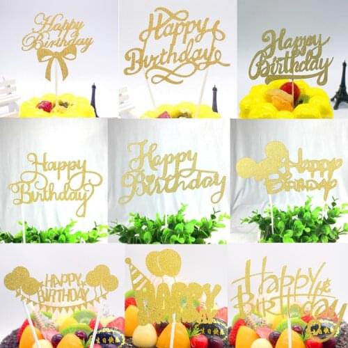 1pc Multi-color Cupcake Toppers Glitter Happy Birthday Cake Topper Cake Flags Sticker Decor Banner Card Baking DIY Accessory