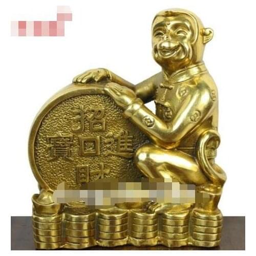 16 cm Pure Brass Chinese Zodiac Animal auspicious Wealth Fengshui Monkey Statue