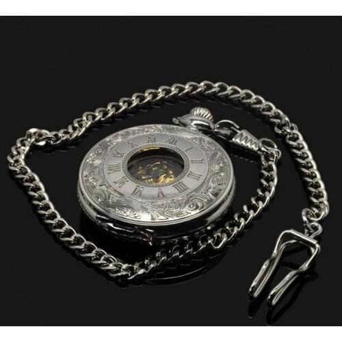 2020 steampunk Manual mechanical silver Roman hollow out Flip clock cowboy chain pocket watches & watches