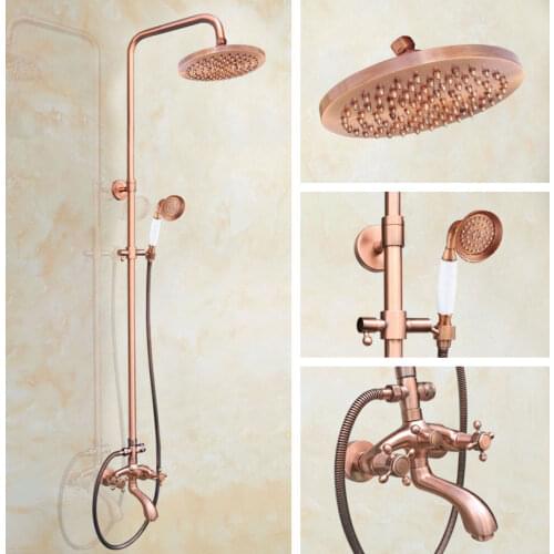 Antique Red Copper Brass Dual Cross Handles Bathroom 8 Inch Round Rain Shower Faucet Set Tub Mixer Tap Hand Shower mrg506