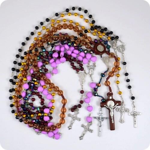 6 style mixture Rosary Beads INRI Jesus Cross Crucifix Pendant Necklaces Catholic Christian Orthodox Fashion Religious Jewelry