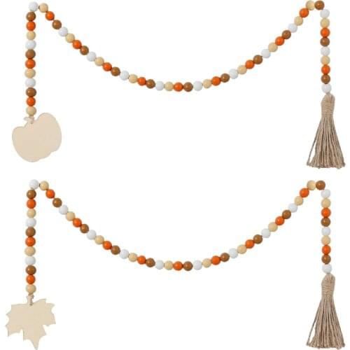 2PCS Halloween Wooden Bead Garland Wreath With Tassel Fringe Leaves And Pumpkin Beads For Halloween Thanksgiving Decor