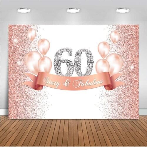60th happy birthday party backdrop for photography pink gold gliiter background for photo booth studio air balloon back drop
