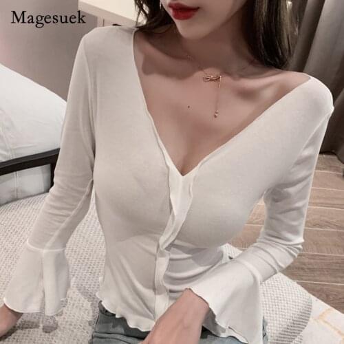 Korea 2021 Autumn New Fashion Long Sleeve T-shirt Solid V-neck Ruffle Flare Sleeve Tops Slim Nightclub Sexy T-shirt Blusas 16520