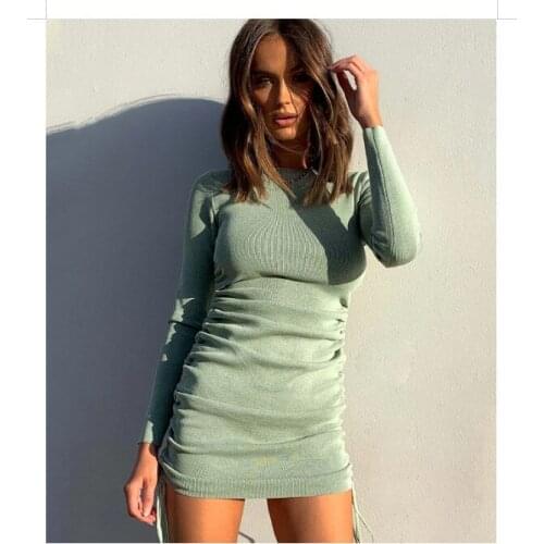 Fall Winter Solid Color Multicolor Mini Dress For Women Drawstring Sexy Round Neck Long Sleeve Retro Bodycon Party Club Dresses