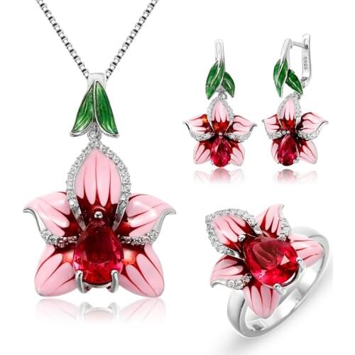 OGULEE Pink Peach Blossom Pendant Necklace & Earrings Red AAA+ Shiny Zircon 925 Silver Jewelry Sets for Women Engagement Gifts