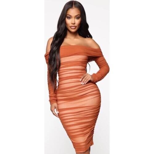 Echoine Women Mesh Slash Neck Long Sleeve Zipper Pleated Dress Sexy Bodycon Evening Party Club Vestidos Graceful Female Clothes