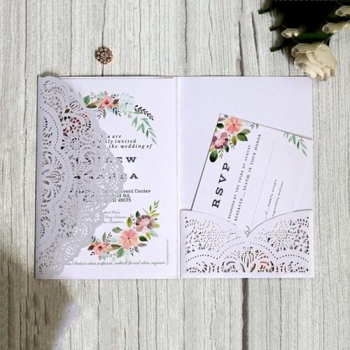 25Pcs Three Fold Business Wedding Invitations With Pearl Paper Laser Cut Invitation Greeting Cards Baby Shower Party Supplies
