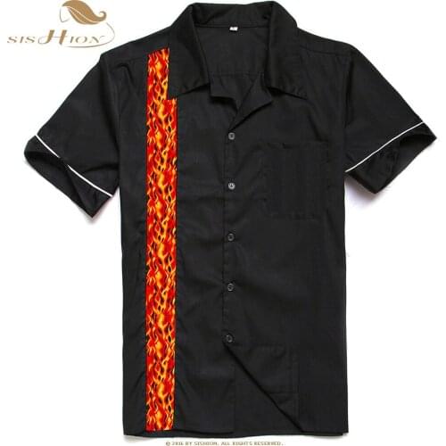 SISHION Summer Cotton Black Men Shirt ST109 Short Sleeve Rockabilly Punk Vintage Bowling Shirt Plus Size Casual Mens Shirts