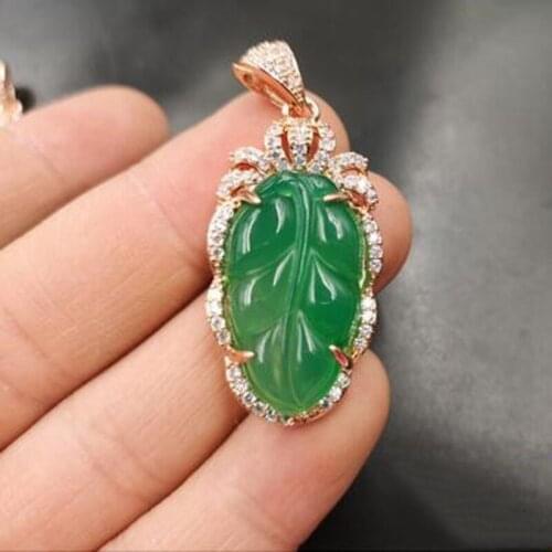 925 Silver Inlaid with Natural Agate Chalcedon Leaf Pendant Jewelry Fine Jewelry Chalcedony Leaf Pendant Christmas Gift Jewelry